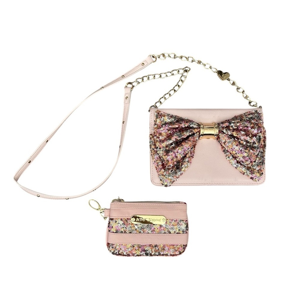 BETSEY JOHNSON Pink Sequin Bow Crossbody Matching Change Purse Set R $156 - Picture 3 of 16